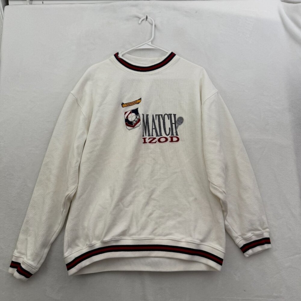 Vintage IZOD Sweatshirt Mens XL White Tennis Match Embroidered Pullover